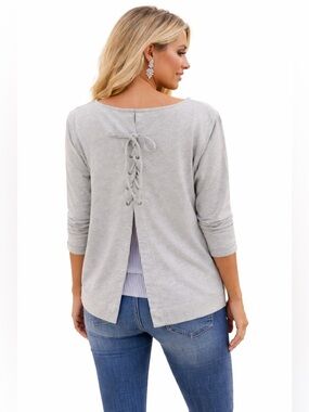 🔥🔥Multiples Gray And Stripe Pullover Top With Tie Up Back And Split size large